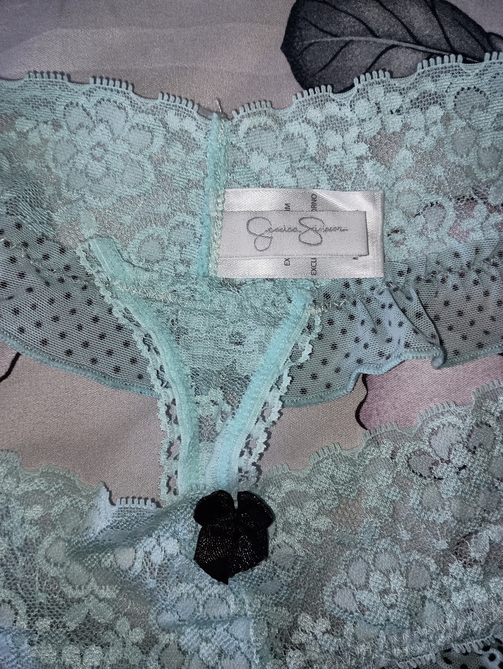 3/$10 🌟 NWOT Jessica Simpson Pale Light Blue Lace Thong with Black Bow Large - Picture 4 of 8